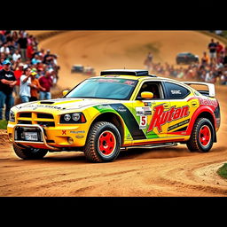 2007 Dodge Charger hatchback modified for rally racing, equipped with off-road tires and a custom suspension, showcasing a rugged exterior with racing decals and vibrant colors, set against a dynamic motorsport backdrop with dirt trails and cheering crowds, capturing the essence of a thrilling rally event