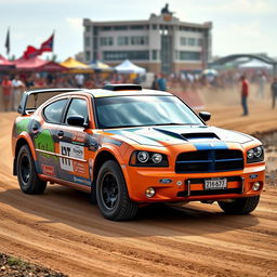 2007 Dodge Charger hatchback modified for rally racing, equipped with off-road tires and a custom suspension, showcasing a rugged exterior with racing decals and vibrant colors, set against a dynamic motorsport backdrop with dirt trails and cheering crowds, capturing the essence of a thrilling rally event