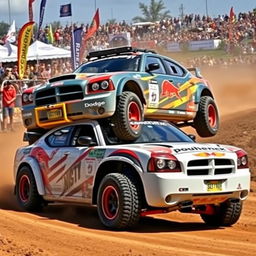 2007 Dodge Charger hatchback modified for rally racing, equipped with off-road tires and a custom suspension, showcasing a rugged exterior with racing decals and vibrant colors, set against a dynamic motorsport backdrop with dirt trails and cheering crowds, capturing the essence of a thrilling rally event