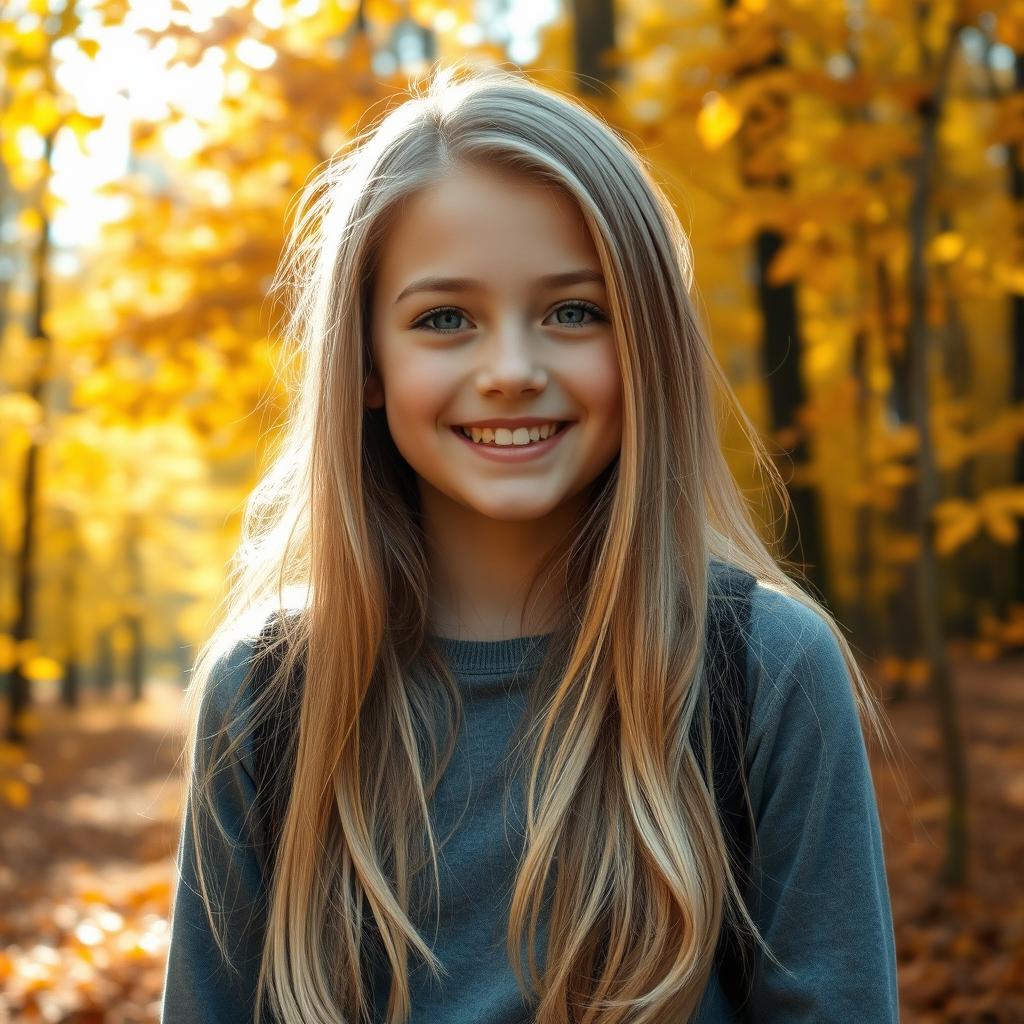 A beautiful girl with long blonde hair smiling as she stands in the forest, surrounded by vibrant autumn leaves