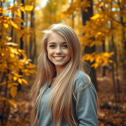 A beautiful girl with long blonde hair smiling as she stands in the forest, surrounded by vibrant autumn leaves