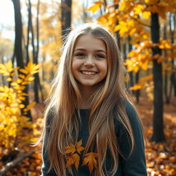 A beautiful girl with long blonde hair smiling as she stands in the forest, surrounded by vibrant autumn leaves