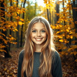 A beautiful girl with long blonde hair smiling as she stands in the forest, surrounded by vibrant autumn leaves