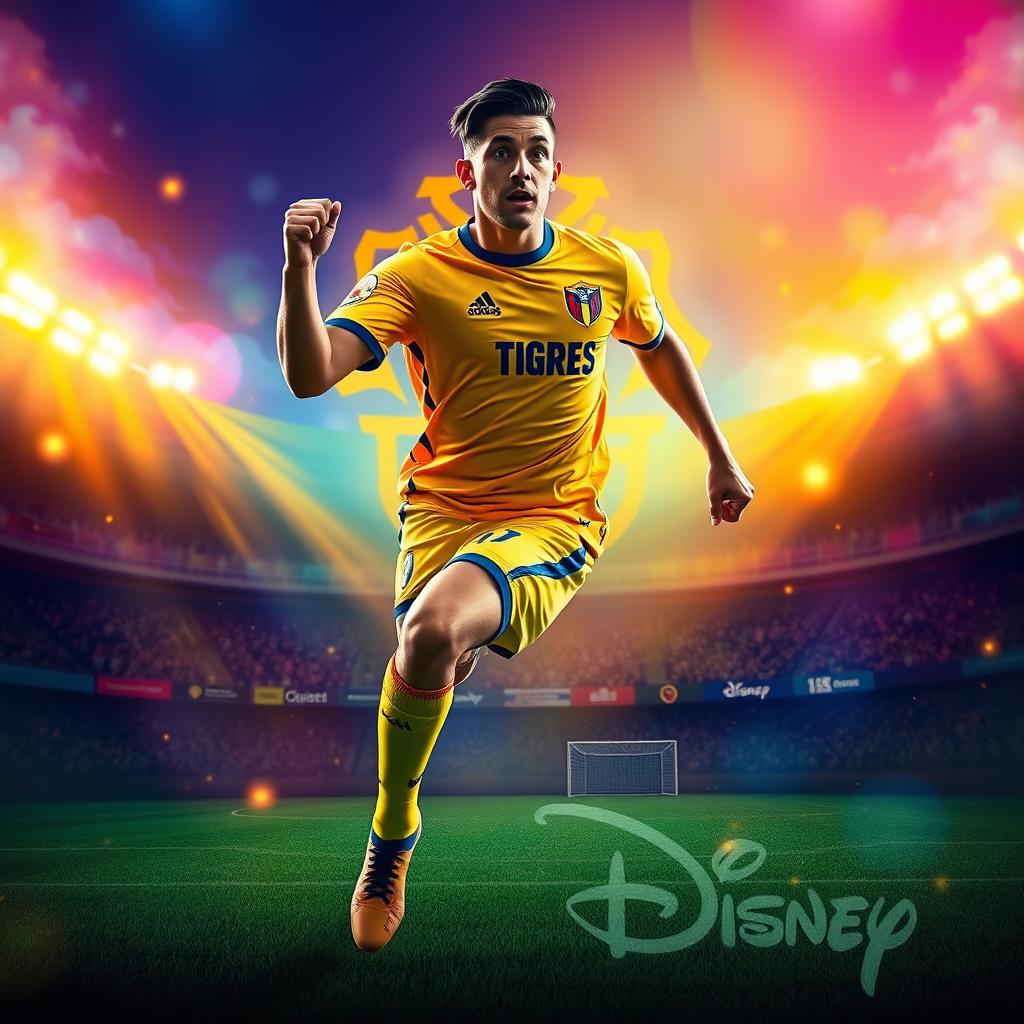 A Disney-style movie poster featuring a football player wearing the yellow jersey of the Tigres UANL team