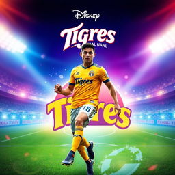 A Disney-style movie poster featuring a football player wearing the yellow jersey of the Tigres UANL team