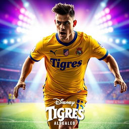 A Disney-style movie poster featuring a football player wearing the yellow jersey of the Tigres UANL team