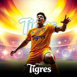 A Disney-style movie poster featuring a football player wearing the yellow jersey of the Tigres UANL team