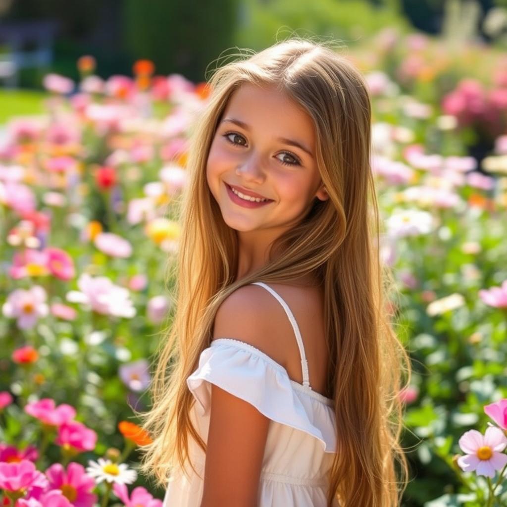 A beautiful girl with long flowing hair and radiant skin, standing in a picturesque garden filled with blooming flowers