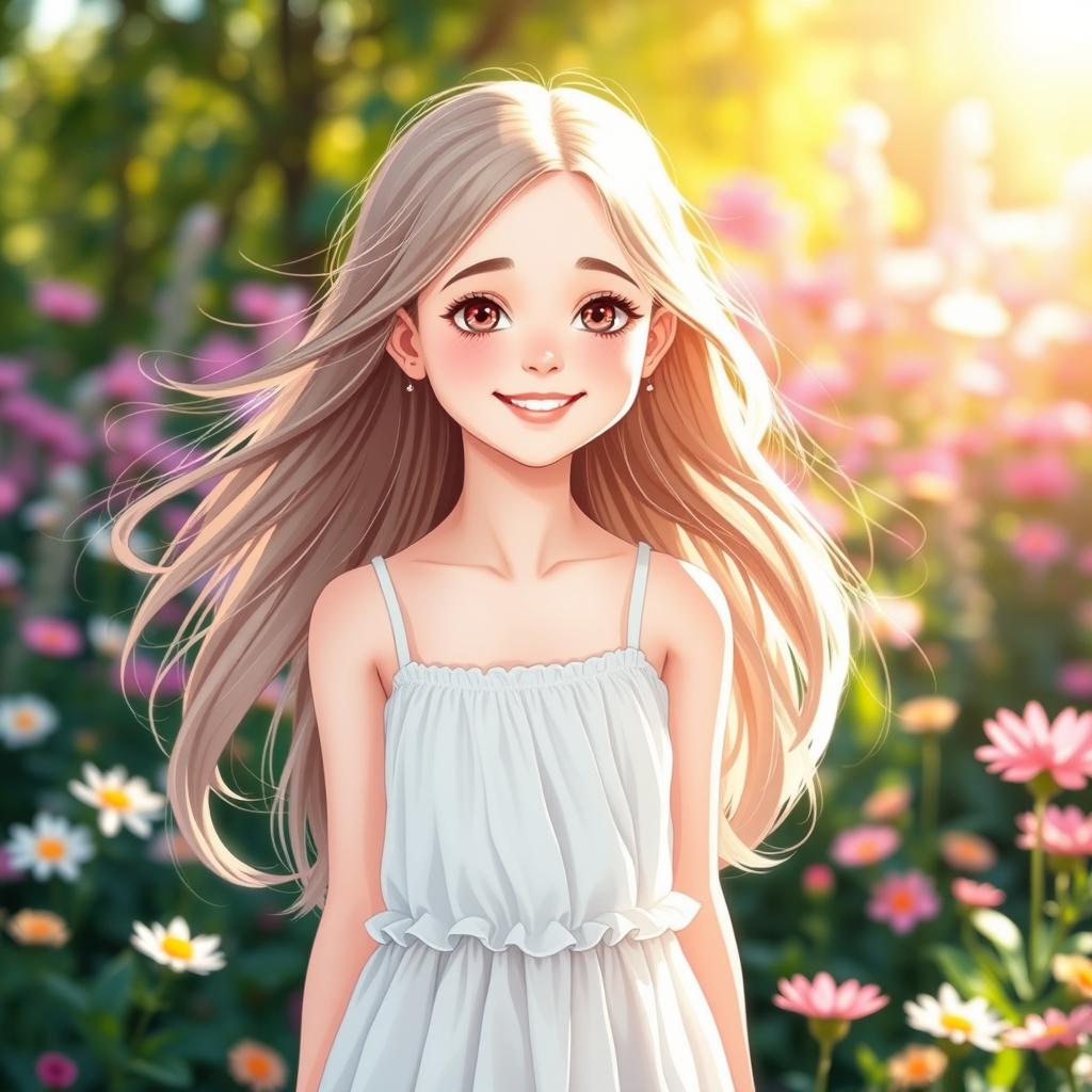 A beautiful girl with long flowing hair and radiant skin, standing in a picturesque garden filled with blooming flowers