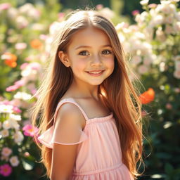 A beautiful girl with long flowing hair and radiant skin, standing in a picturesque garden filled with blooming flowers