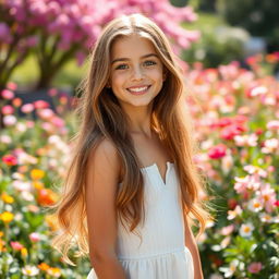 A beautiful girl with long flowing hair and radiant skin, standing in a picturesque garden filled with blooming flowers