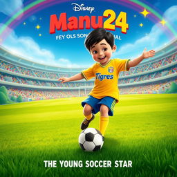 A Disney-style movie poster featuring a young soccer player wearing a yellow Tigres UANL jersey