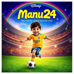 A Disney-style movie poster featuring a young soccer player wearing a yellow Tigres UANL jersey