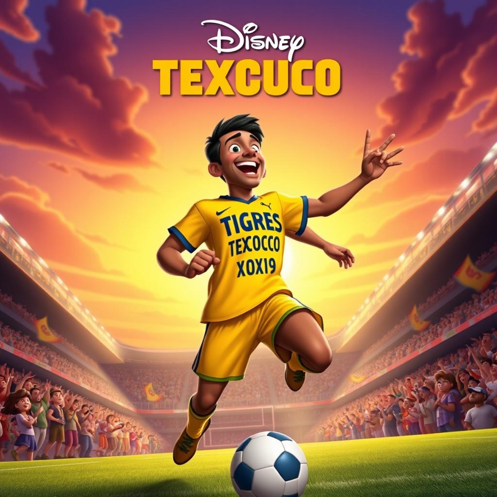 A Disney-style movie poster featuring a football player wearing an iconic yellow jersey, with TIGRES TEXCOCO prominently displayed