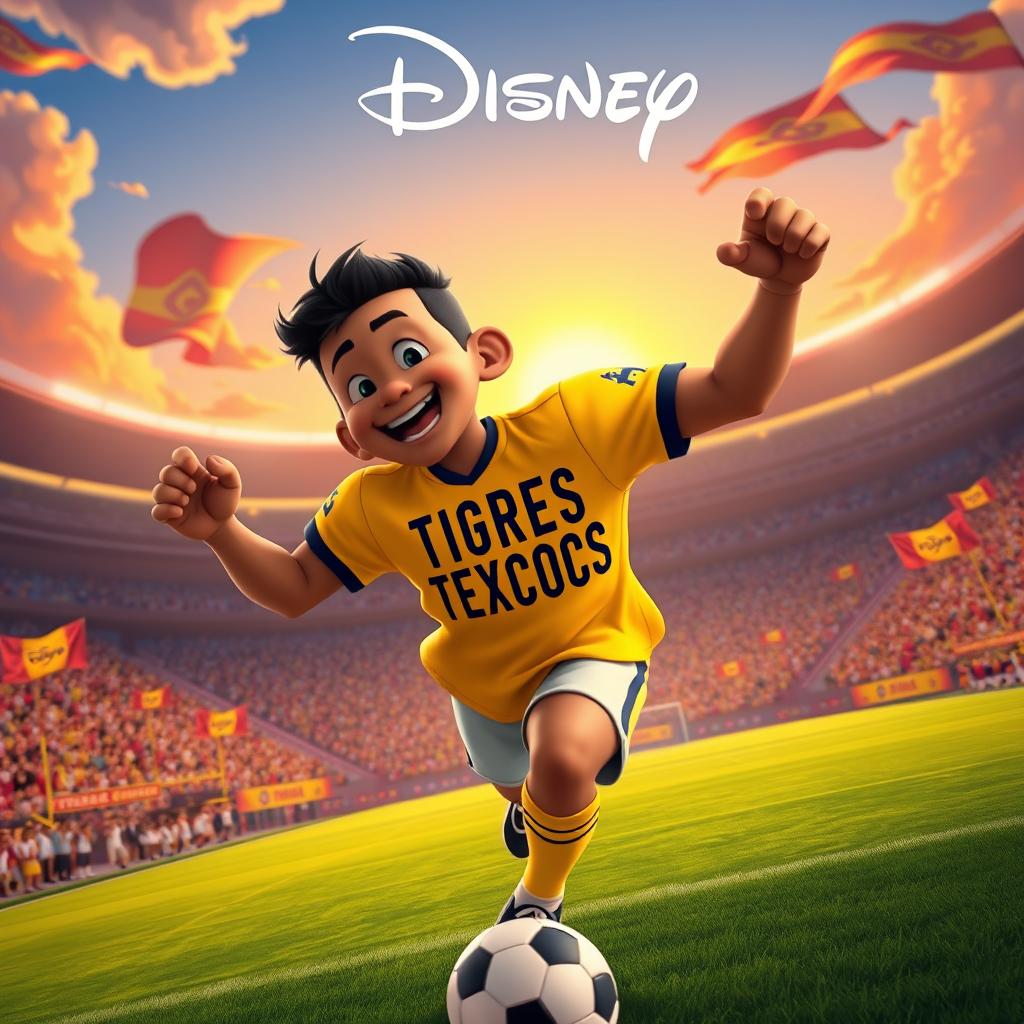 A Disney-style movie poster featuring a football player wearing an iconic yellow jersey, with TIGRES TEXCOCO prominently displayed