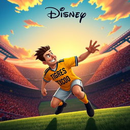 A Disney-style movie poster featuring a football player wearing an iconic yellow jersey, with TIGRES TEXCOCO prominently displayed