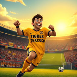 A Disney-style movie poster featuring a football player wearing an iconic yellow jersey, with TIGRES TEXCOCO prominently displayed