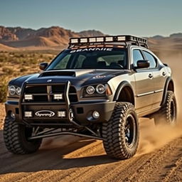 A 2007 Dodge Charger with big flair modifications designed for off-road adventures