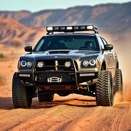 A 2007 Dodge Charger with big flair modifications designed for off-road adventures