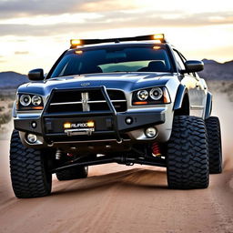 A 2007 Dodge Charger with big flair modifications designed for off-road adventures