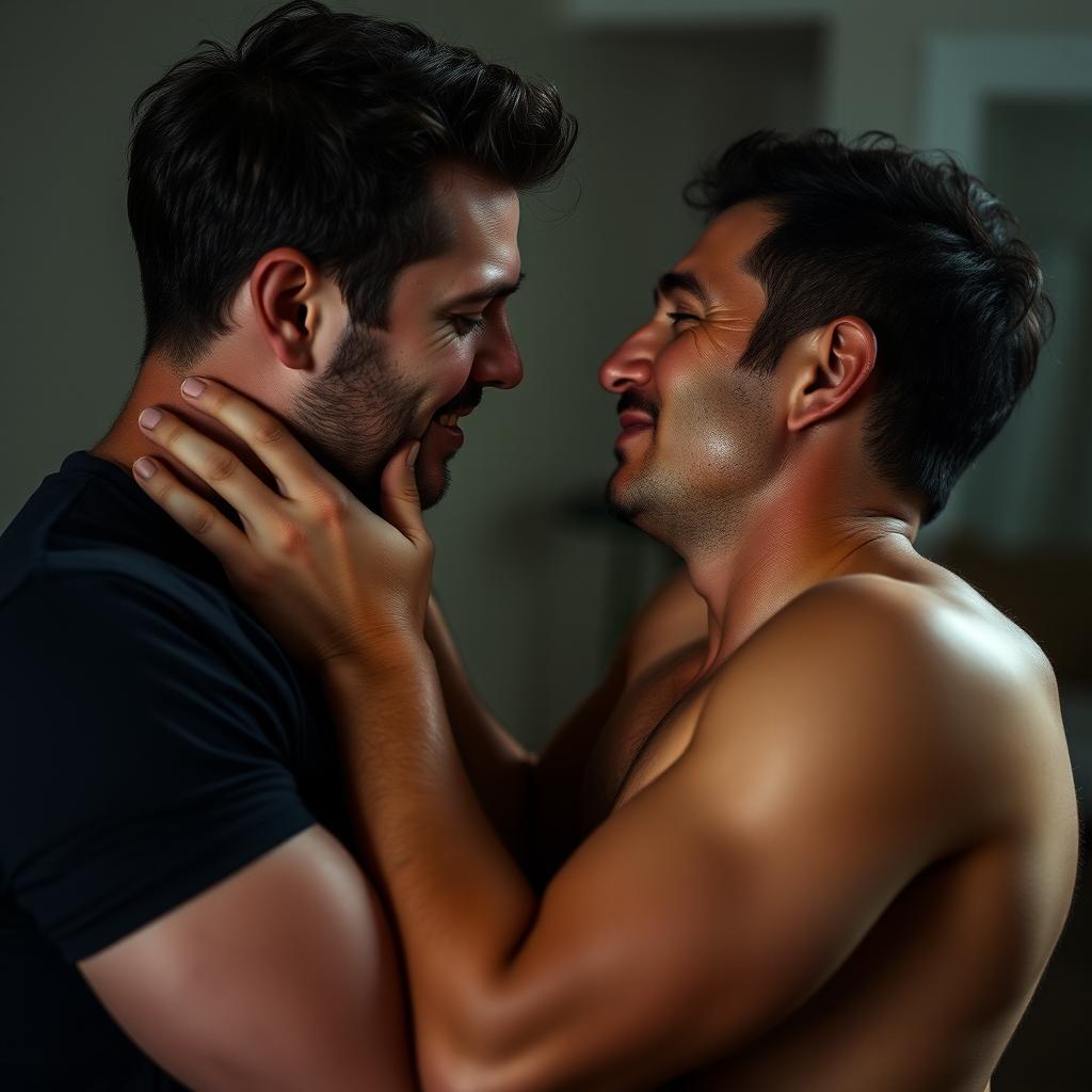 Intimate and amorous connection between two men, focusing on tender touches and shared moments of affection and passion