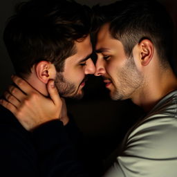 Intimate and amorous connection between two men, focusing on tender touches and shared moments of affection and passion