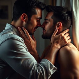 Intimate and amorous connection between two men, focusing on tender touches and shared moments of affection and passion