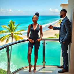 A young woman stands on the balcony of a luxury resort overlooking the stunning Emerald Coast in Ghana