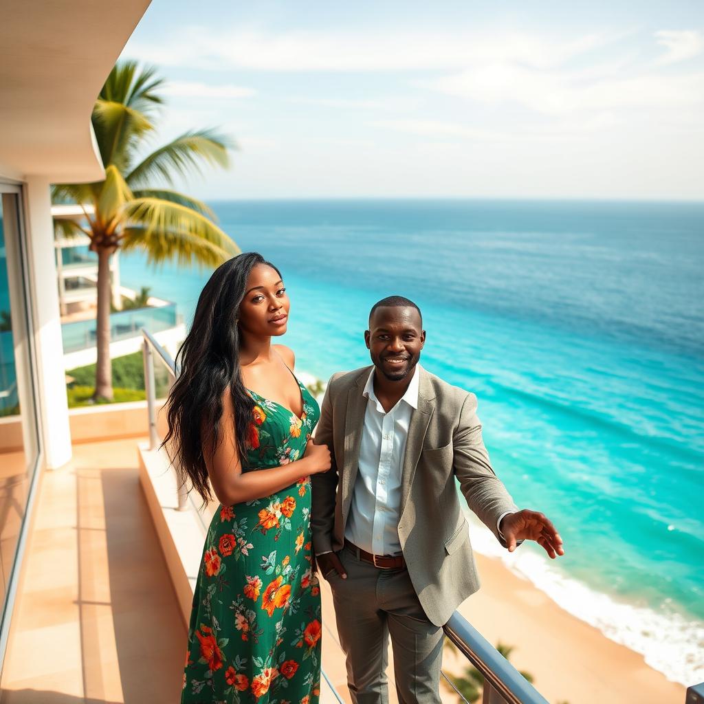 A young woman stands on the balcony of a luxury resort overlooking the stunning Emerald Coast in Ghana