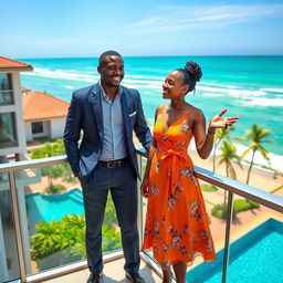 A young woman stands on the balcony of a luxury resort overlooking the stunning Emerald Coast in Ghana