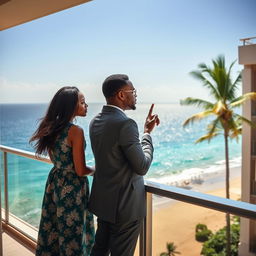 A young woman stands on the balcony of a luxury resort overlooking the stunning Emerald Coast in Ghana