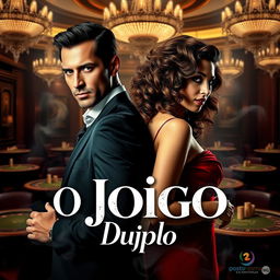 A dramatic telenovela cover titled "O Jogo Duplo" featuring a stylish and enigmatic couple standing back-to-back