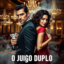 A dramatic telenovela cover titled "O Jogo Duplo" featuring a stylish and enigmatic couple standing back-to-back