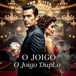 A dramatic telenovela cover titled "O Jogo Duplo" featuring a stylish and enigmatic couple standing back-to-back