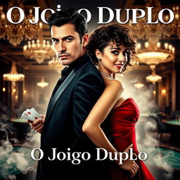 A dramatic telenovela cover titled "O Jogo Duplo" featuring a stylish and enigmatic couple standing back-to-back