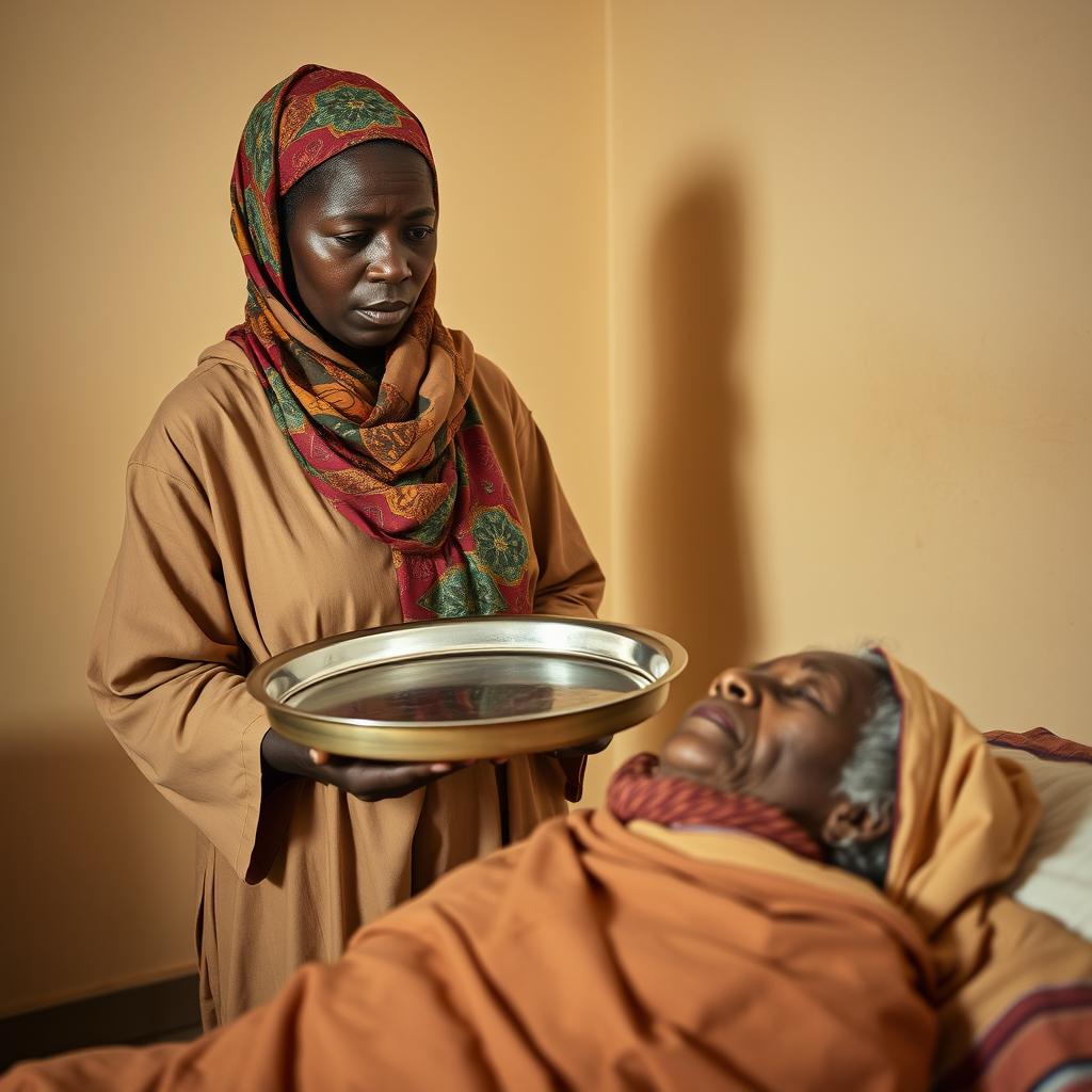 A dark-skinned woman wearing a colorful hijab and loose-fitting clothing stands in a room, holding a large empty tray