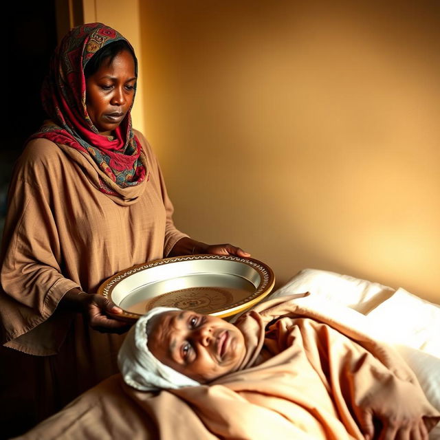 A dark-skinned woman wearing a colorful hijab and loose-fitting clothing stands in a room, holding a large empty tray