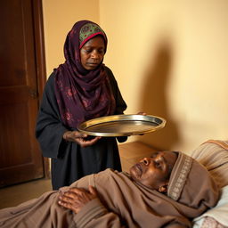 A dark-skinned woman wearing a colorful hijab and loose-fitting clothing stands in a room, holding a large empty tray