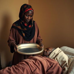 A dark-skinned woman wearing a colorful hijab and loose-fitting clothing stands in a room, holding a large empty tray