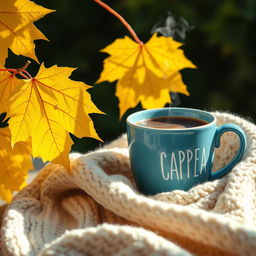 a beautiful, realistic wallpaper featuring large, vibrant yellow autumn maple leaves on one side, accompanied by a beautiful large blue cup of steaming coffee