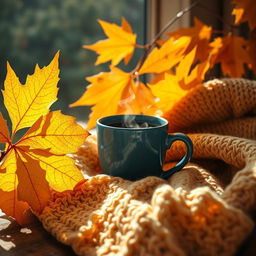 a beautiful, realistic wallpaper featuring large, vibrant yellow autumn maple leaves on one side, accompanied by a beautiful large blue cup of steaming coffee