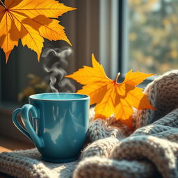 a beautiful, realistic wallpaper featuring large, vibrant yellow autumn maple leaves on one side, accompanied by a beautiful large blue cup of steaming coffee