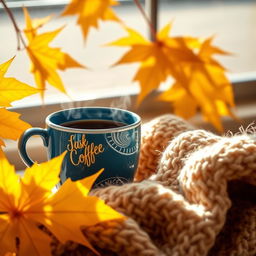 a beautiful, realistic wallpaper featuring large, vibrant yellow autumn maple leaves on one side, accompanied by a beautiful large blue cup of steaming coffee