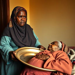 A very fat, dark-skinned woman wearing a colorful hijab and loose-fitting clothing stands in a room, holding a large empty tray