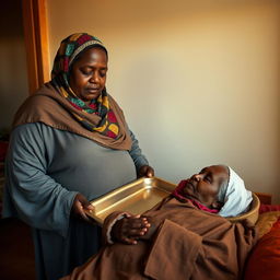 A very fat, dark-skinned woman wearing a colorful hijab and loose-fitting clothing stands in a room, holding a large empty tray