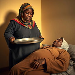 A very fat, dark-skinned woman wearing a colorful hijab and loose-fitting clothing stands in a room, holding a large empty tray