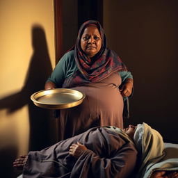 A very fat, dark-skinned woman wearing a colorful hijab and loose-fitting clothing stands in a room, holding a large empty tray