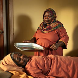 A very fat, dark-skinned woman wearing a colorful hijab and loose-fitting clothing stands in a room, holding a large empty tray