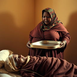 A very fat, dark-skinned woman wearing a colorful hijab and loose-fitting clothing stands in a room, holding a large empty tray