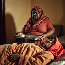 A very fat, dark-skinned woman wearing a colorful hijab and loose-fitting clothing stands in a room, holding a large empty tray